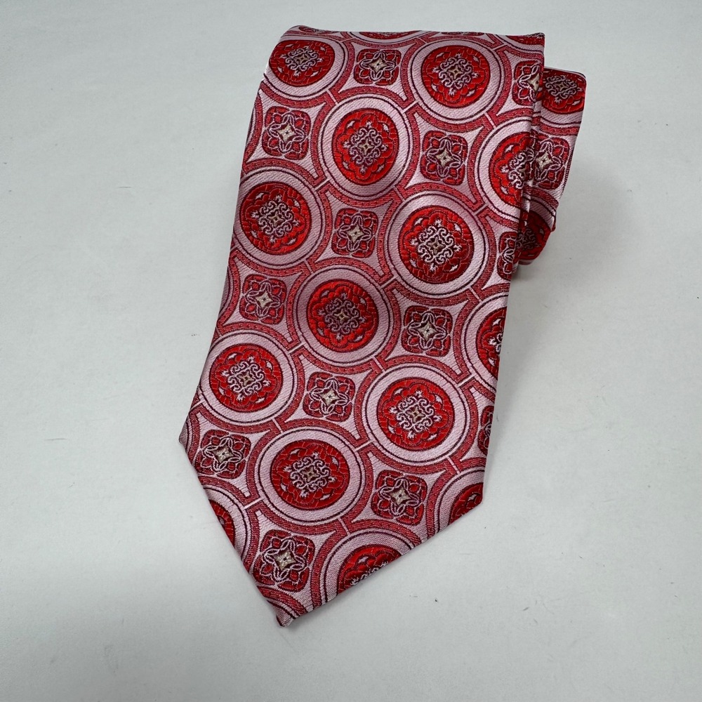 Stacy Adams Mens Red Pink Geometric Medallion Woven Silk Blend Necktie